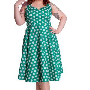 Hell Bunny Vixen Green and White Polka Dot Midi Dress Size Large